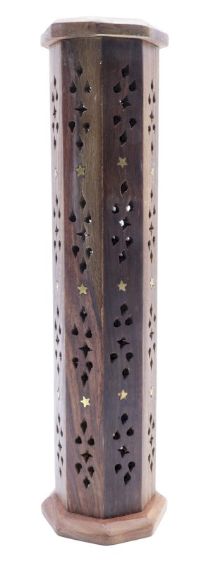 Porte-Encens Bois Tour Octogonale Motifs 30cm