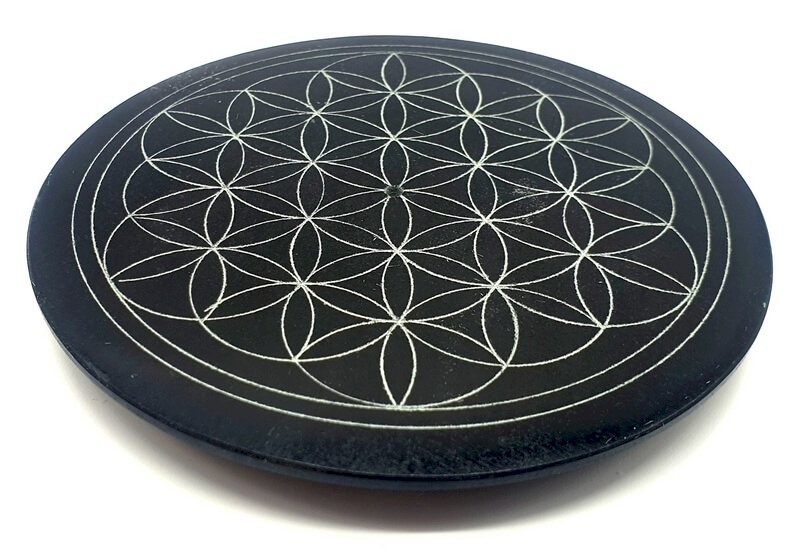 Porte-Encens Pierre Rond Noir Fleur de Vie 10cm