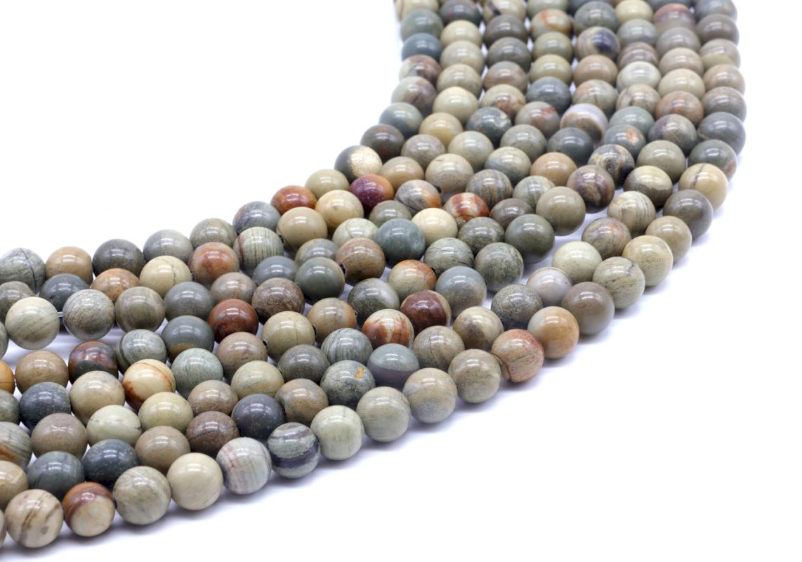 Perles Jaspe Feuille d'Argent 6mm sur fil 40cm