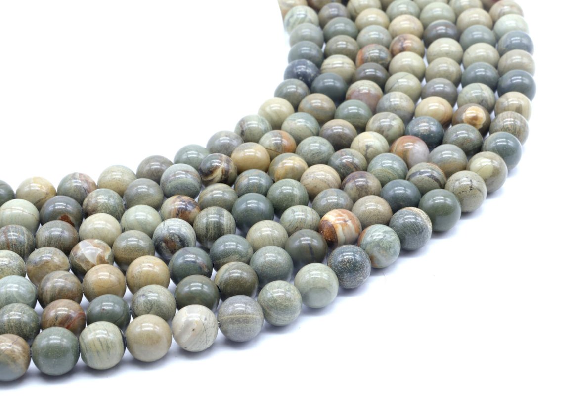 Perles Jaspe Feuille d'Argent 8mm sur fil 40cm