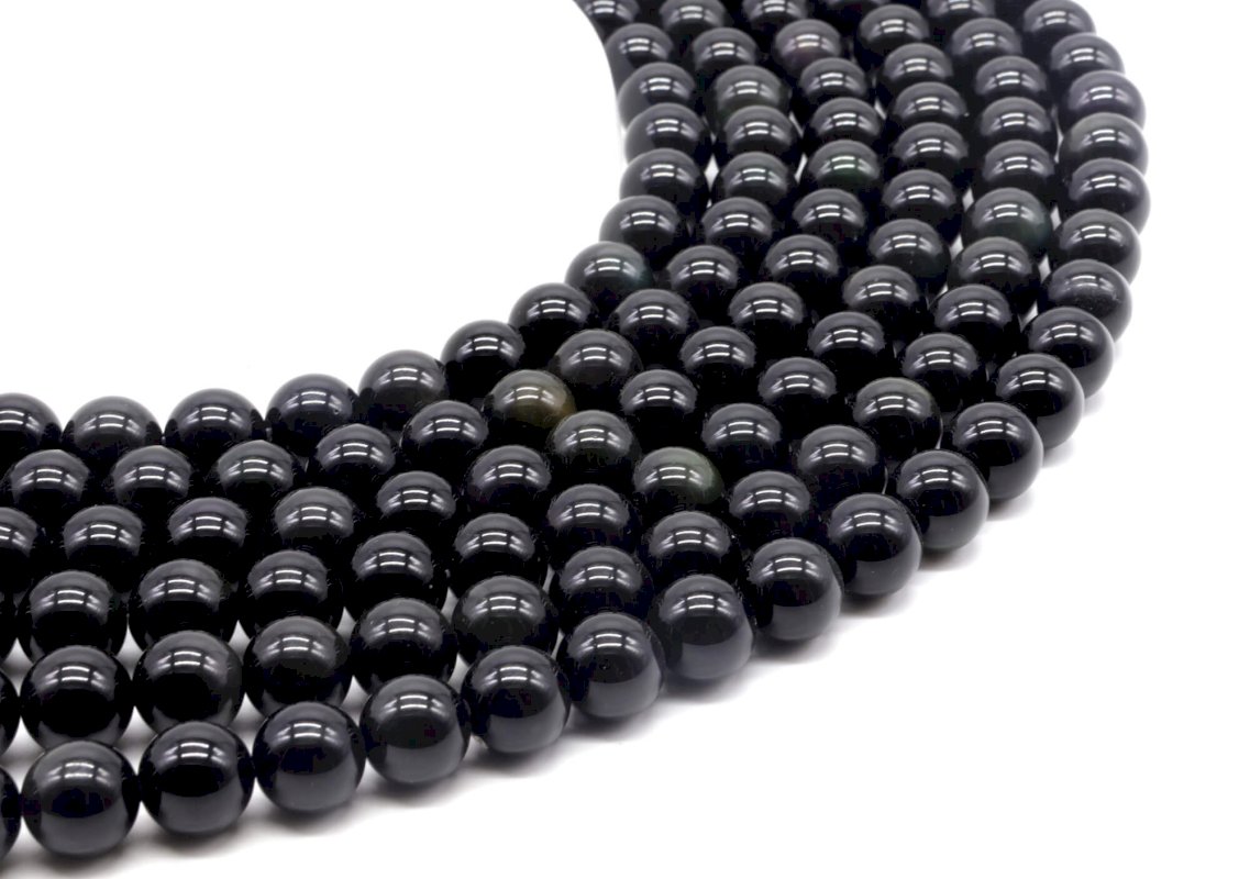 Perles Obsidienne Noire Dorée 10mm sur fil 40cm