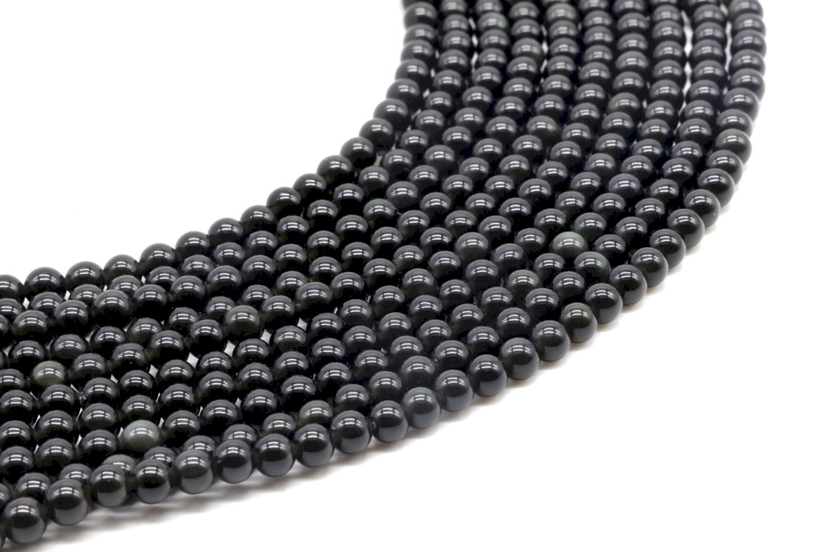 Perles Obsidienne Noire Dorée 4mm sur fil 40cm