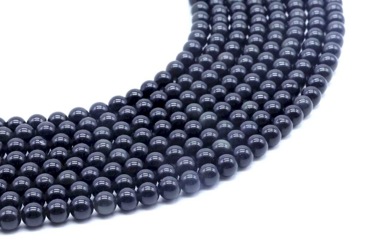 Perles Obsidienne Noire Dorée 6mm sur fil 40cm