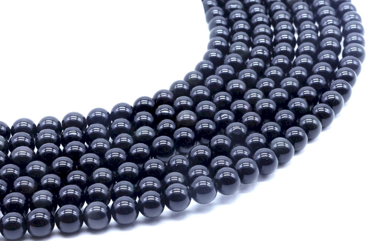 Perles Obsidienne Noire Dorée 8mm sur fil 40cm