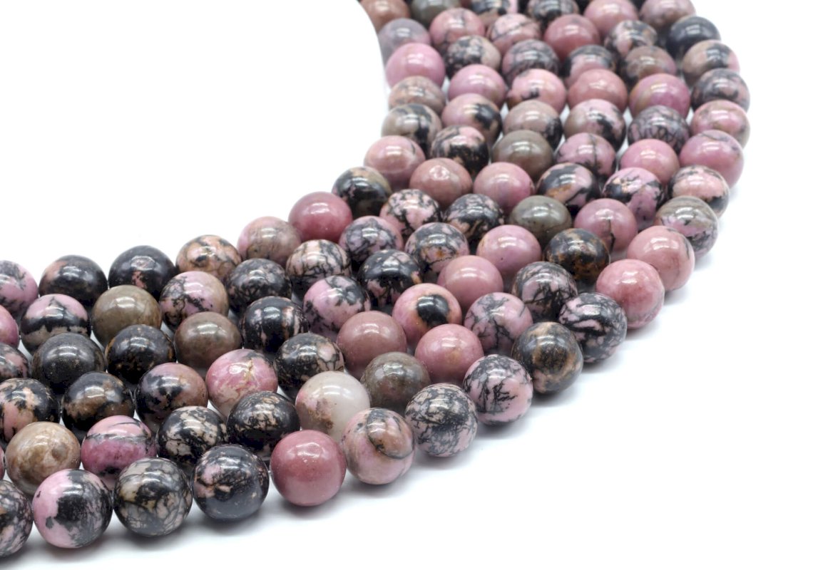 Perles 'Black Line' Rhodonite 10mm sur fil 40cm