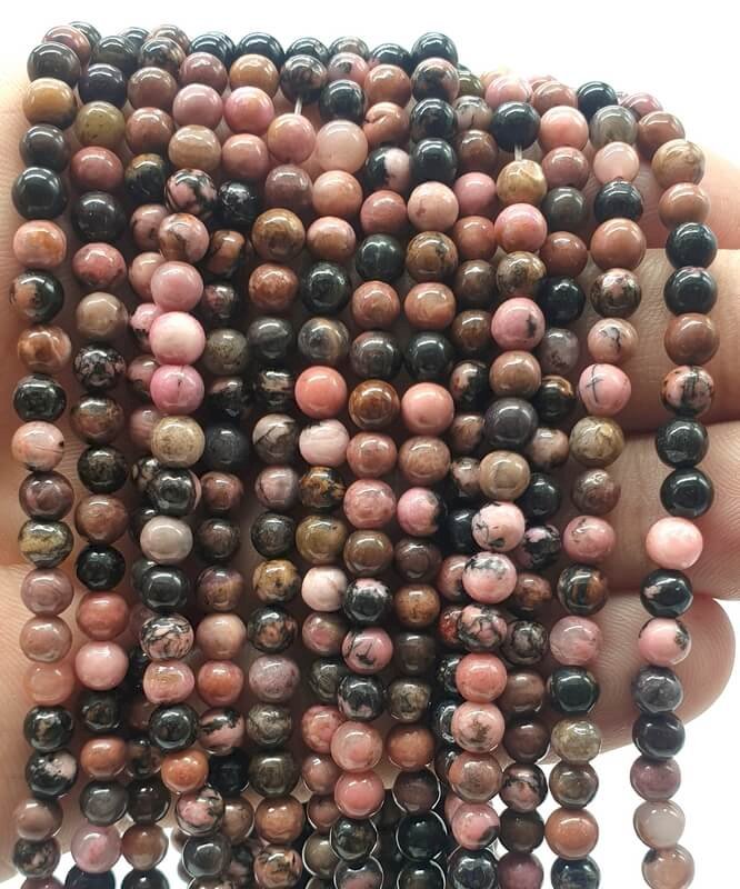 Perles 'Black Line' Rhodonite 4mm sur fil 40cm