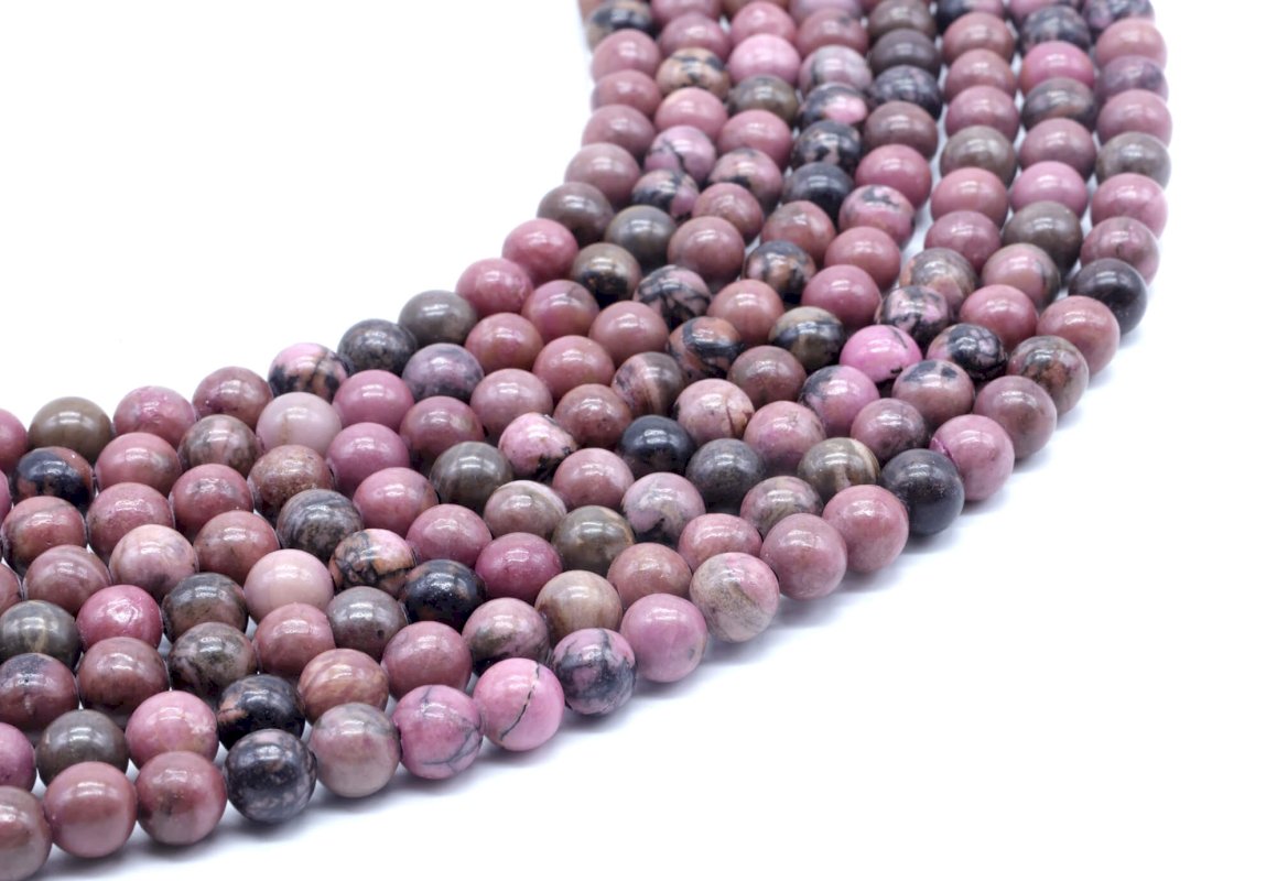 Perles 'Black Line' Rhodonite 6mm sur fil 40cm