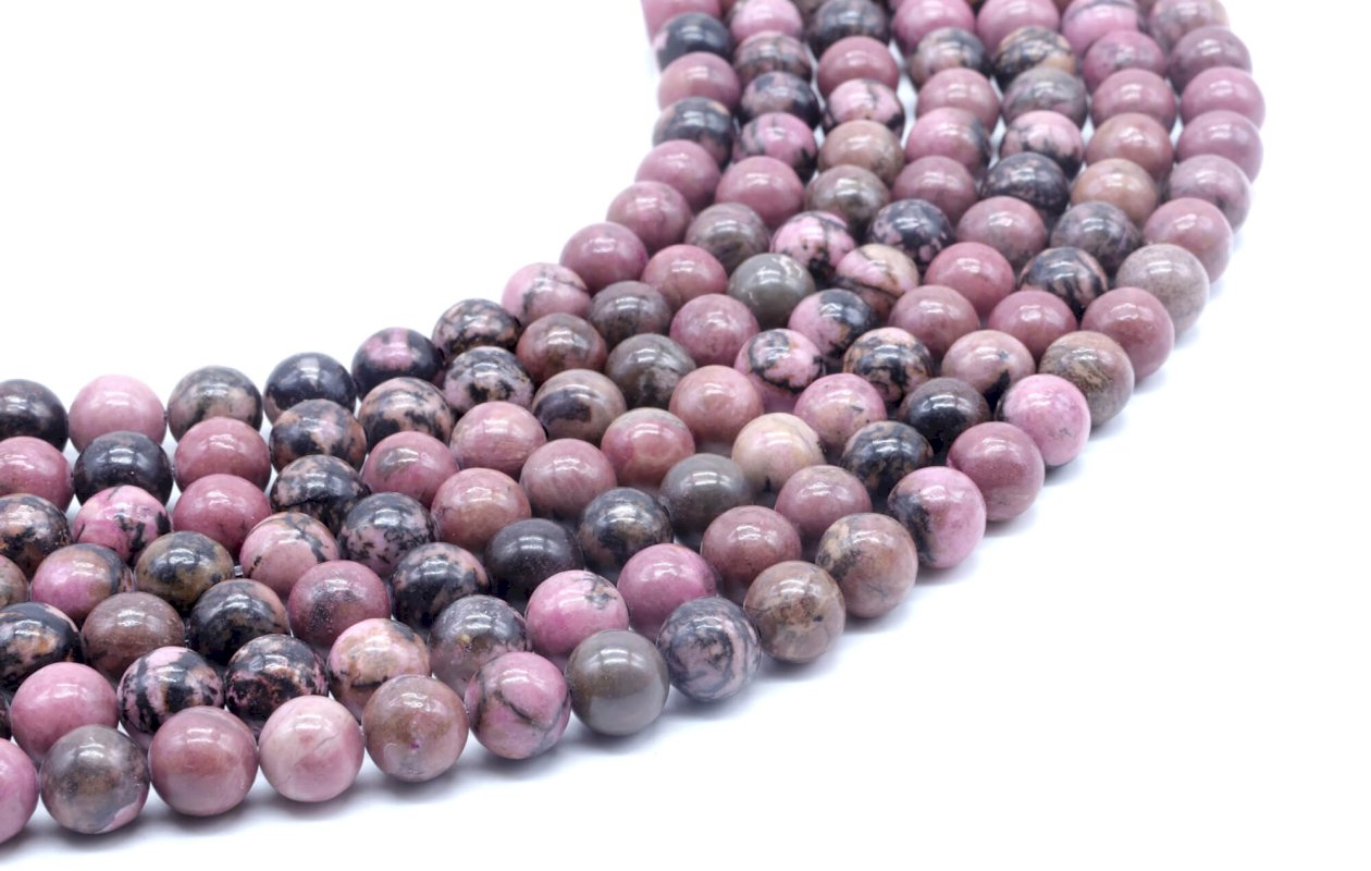 Perles 'Black Line' Rhodonite 8mm sur fil 40cm