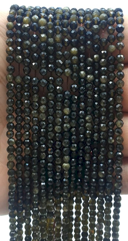 Perles facettées Obsidienne Dorée 3mm sur fil 40cm