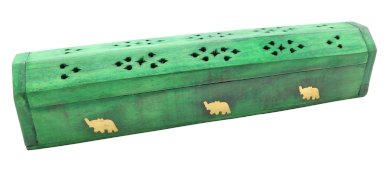 Porte-Encens Bois Coffret Vert Eléphants 30cm