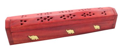 Porte-Encens Bois Coffret Ocre Eléphants 30cm