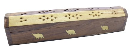 Porte-Encens Bois Coffret Eléphants Marron & Clair 30cm
