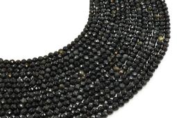 Perles facettées Obsidienne Noire Dorée 4mm sur fil 38cm